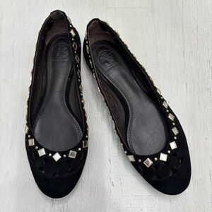 RARE Tory Burch Black Cut out Mirrored studded Sz 6.5 M Ballet flats Leather